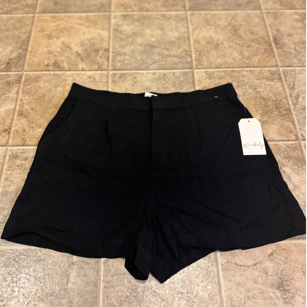 Wonderly Womens True Black Linen Blend Pleated Fashion Shorts Size L NEW
